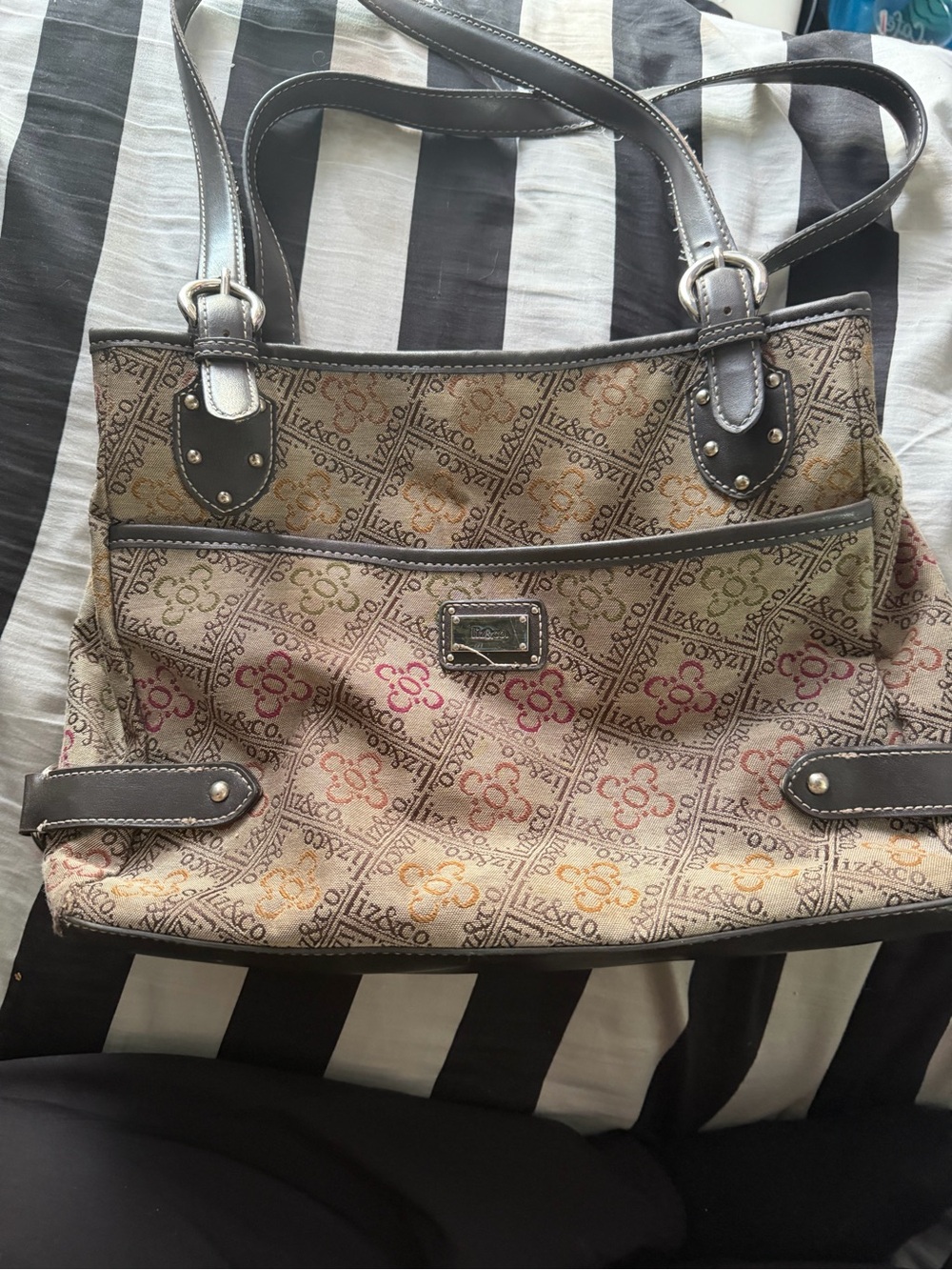 liz & co. Multicolor Pattern Tote with Brown Trim